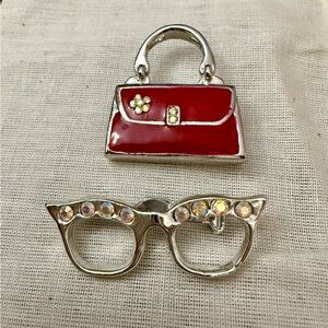 Vintage Red Handbag and Cat Eye Glasses Brooches